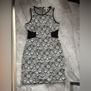 Monteau Black & White Geometric Lace-Trim Midi Dress